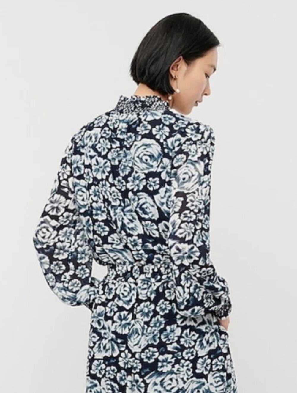 J.Crew Shaded Floral Crinkle Chiffon Smocked Top in Navy Ikat Size Medium